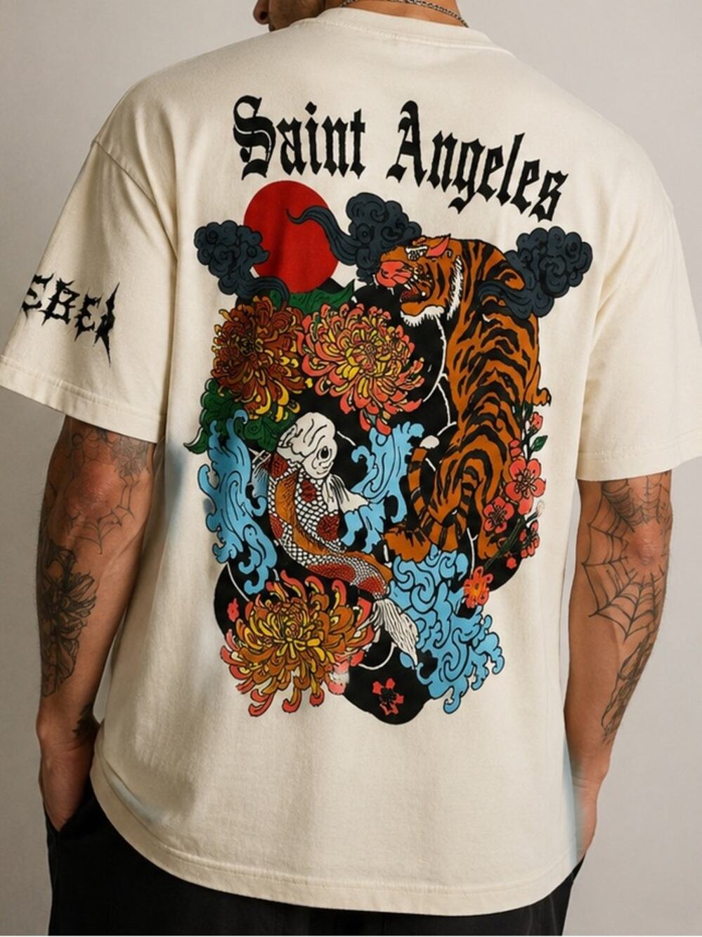 Rebel Vengeance Saint Angeles Graphic Tee Tiger Koi Cream XL NWT